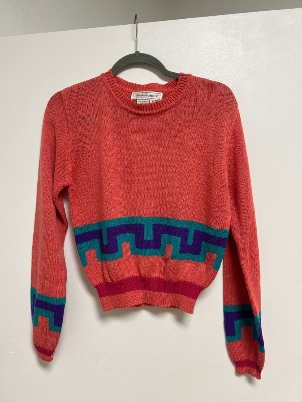 Michelle Stuart Vintage Coral Crewneck Sweater Teal & Purple Trim Small Medium - Picture 1 of 5